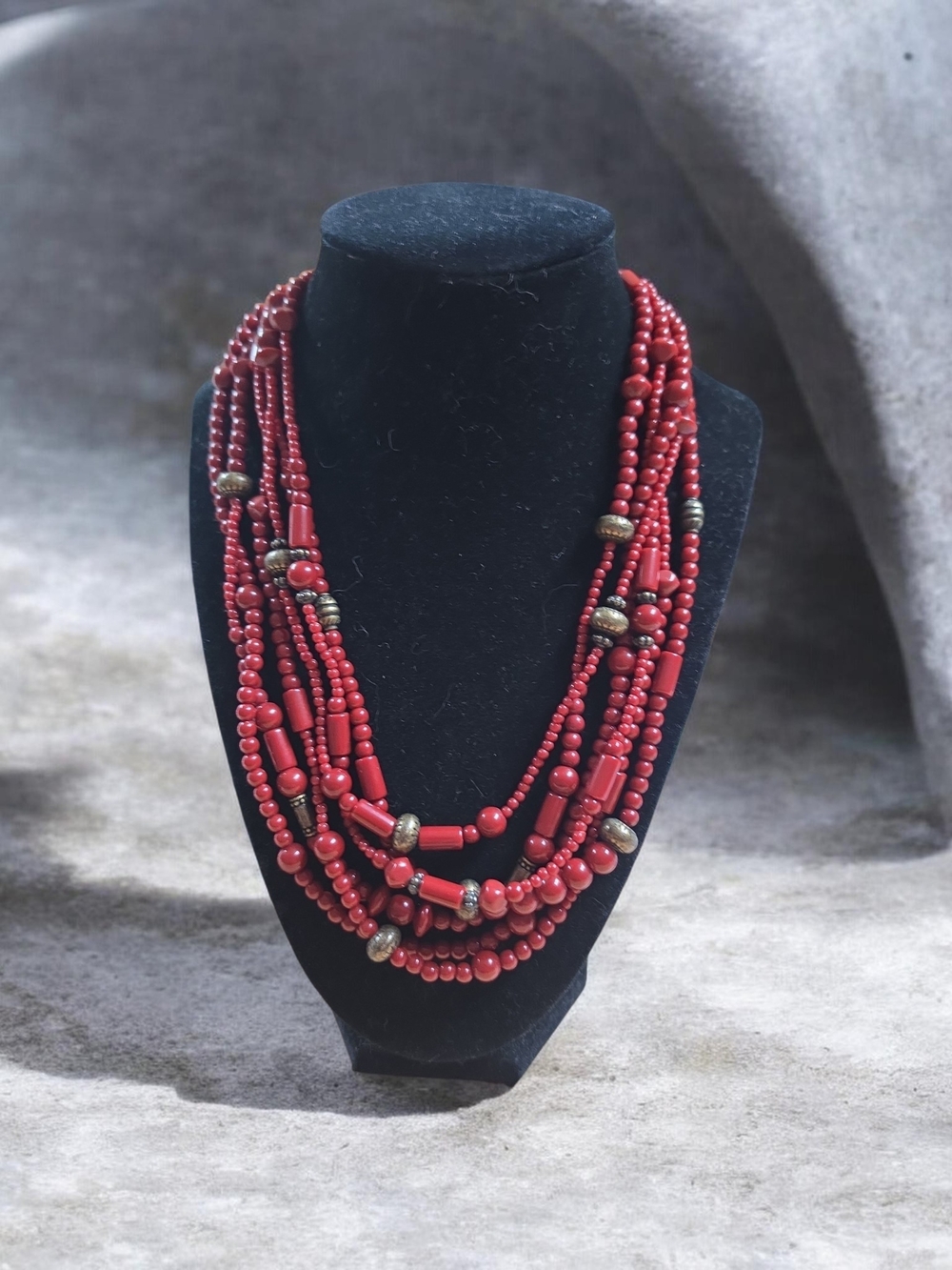 Multi-Strand Red Beaded Necklace with Antiqued Accent Beads